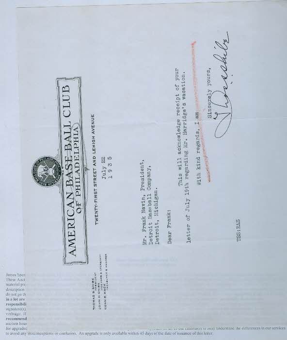 Thomas Shibe D.36 A`s Signed 1935 Letter Jsa Autograph