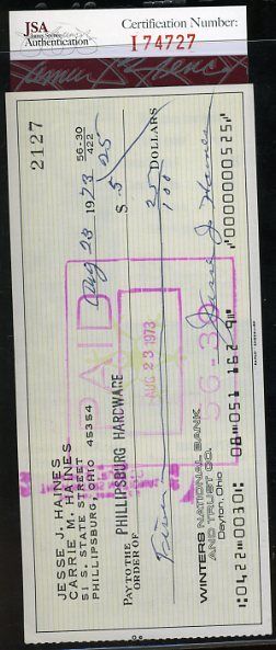 Jesse Haines Jsa Certed Signed Check Authentic Autograph