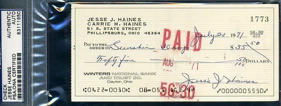 Jesse Haines Signed Psa/dna 1971 Check Autograph