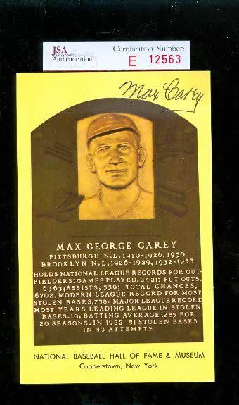 Max Carey Signed Gold Hof Postcard Jsa Cert Autograph