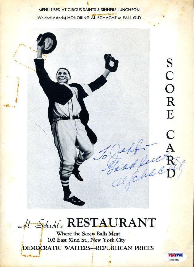 Al Schacht Psa/dna Signed Gag Dinner Menu Authenticated Autograph