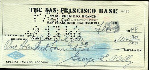 George Kelly Signed Jsa Certed 1948 Check Authentic Autograph