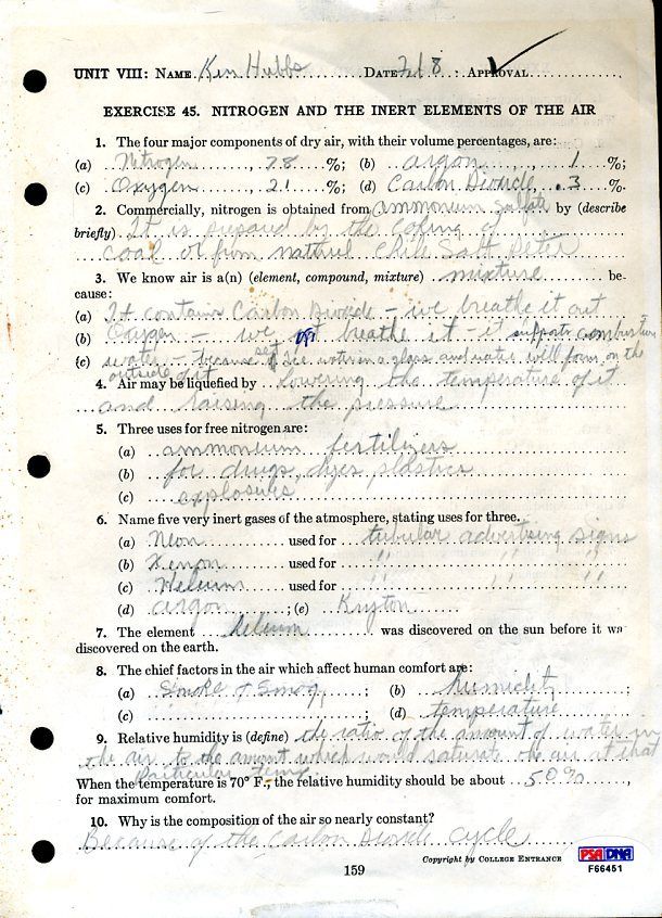 Ken Hubbs Psa/dna Authenticated Signed High School Papers Autograph
