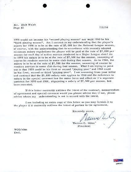 Warren Giles Signed Psa/dna 1958 Letter Autograph