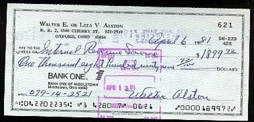 Walter Alston Signed Jsa Certed 1981 Check Autograph Authentic