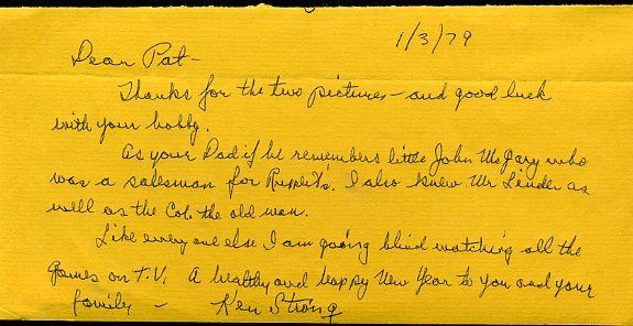 Ken Strong Jsa Signed Handwritten Letter Autograph Authentic