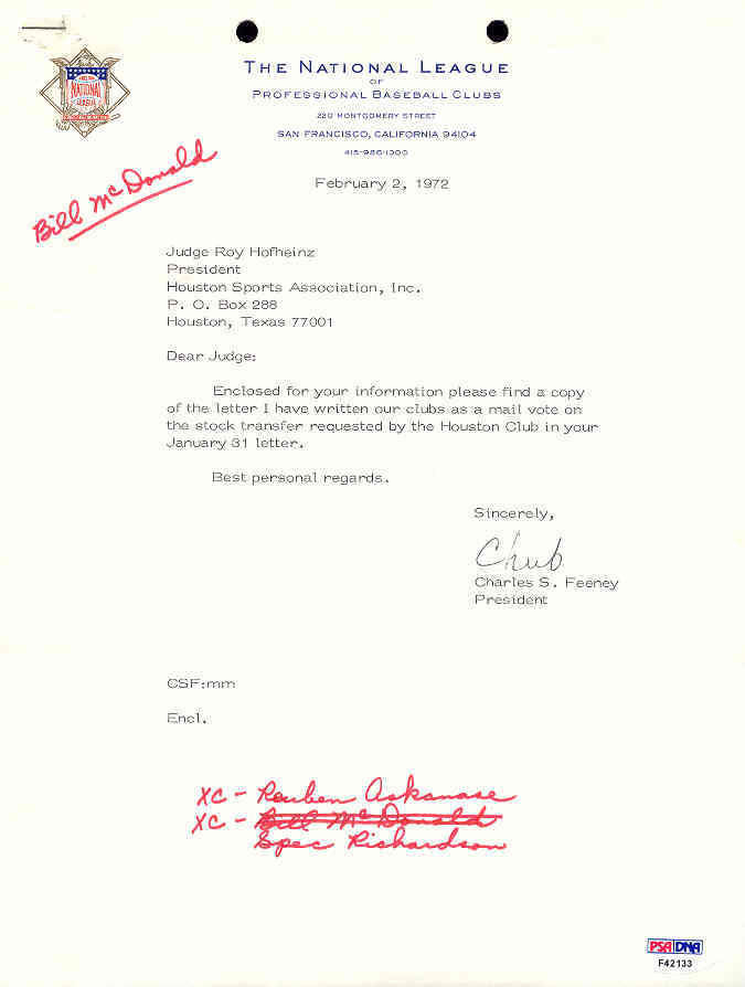 Chub Feeney Signed 1972 Letter Psa/dna Coa Autograph