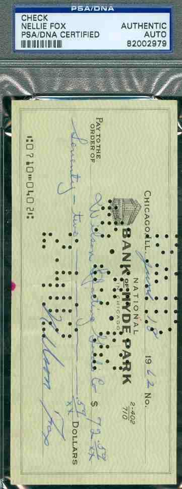 Nelson Nellie Fox Autograph 1962 Check Psa/dna Signed