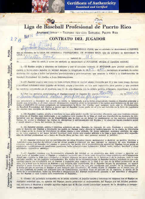 Walt Bond D.67 Signed 1964 Contract Psa/dna Certified
