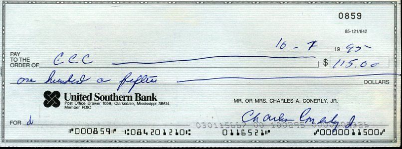 Charlie Conerly Jsa Authenticated Signed Hof Personal Check  Autograph
