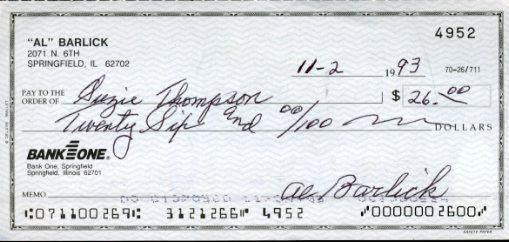 Al Barlick Signed Check Jsa Sticker Authentic Autograph