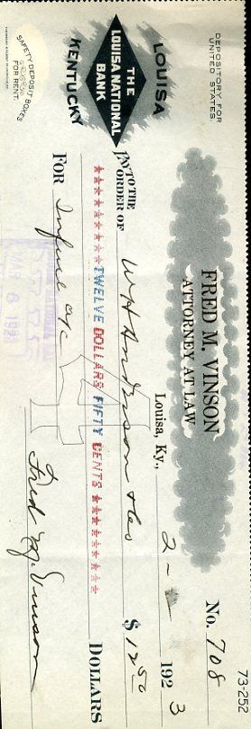 Fred Vinson Chief Justice Treasury Sec Signed Jsa Check Authentic Autograph