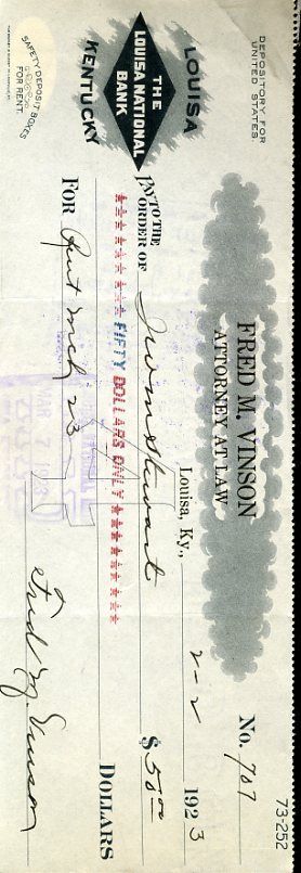 Fred Vinson Chief Justice Treasury Sec Signed Jsa Check Authentic Autograph